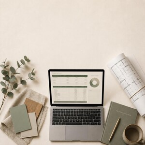 May include: A laptop displaying a project budget spreadsheet and a circular chart, accompanied by a rolled architectural floor plan, a green notebook with a gold pen, a ceramic mug, and a stack of neutral-toned paint swatches with a eucalyptus sprig.