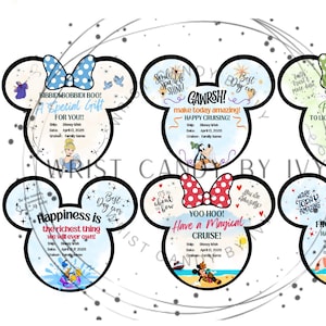 May include: Six Mickey Mouse-shaped cruise tags with bows and character illustrations. Each tag features a different phrase, such as "Bibbidi Bobbidi Boo! A Special Gift" and "Yoo Hoo! Have a Magical Cruise!"