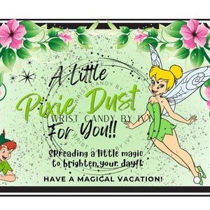 May include: A rectangular graphic featuring Tinker Bell and Peter Pan on a light green background with pink flowers. The text reads: A Little Pixie Dust For You!! Spreading a little magic to brighten your day!! HAVE A MAGICAL VACATION! The design includes a black border.
