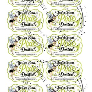 May include: A sheet of eight rectangular gift tags with scalloped edges, featuring a fairy illustration, green glitter-style text reading You've Been Pixie Dusted, and a From line with the text Spreading a little magic to brighten your day.
