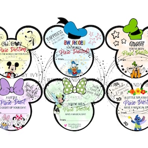 May include: Set of six Mickey Mouse-shaped gift tags with various Disney character illustrations and phrases like "Pixie Dusted" and "Have a Magical Day." Each tag has a space to write "From."