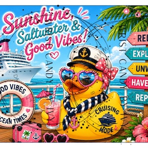 Puede incluir: Un pato de goma amarillo con gorra de capitán, gafas de sol en forma de corazón y bufanda a rayas. La imagen muestra un crucero, un salvavidas con el texto Good Vibes Ocean Times, una bebida rosa y un poste con el texto Relax, Explore, Unwind, Have Fun, Repeat. El texto Sunshine, Saltwater & Good Vibes aparece arriba.