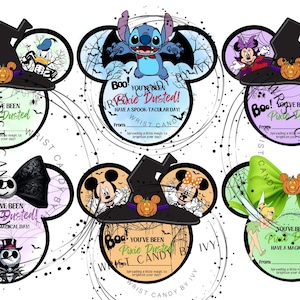May include: A set of six circular Disney-themed Halloween gift tags featuring characters like Stitch, Mickey, Minnie, Goofy, Donald, Jack Skellington, and Tinker Bell. Each tag includes the text Boo! You've Been Pixie Dusted! and a From line.