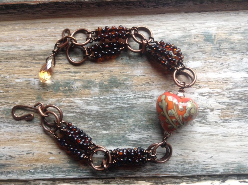 Lampwork heart, farfalle beads and copper bracelet image 2