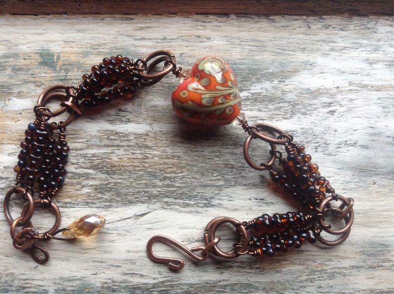 Lampwork heart, farfalle beads and copper bracelet image 4