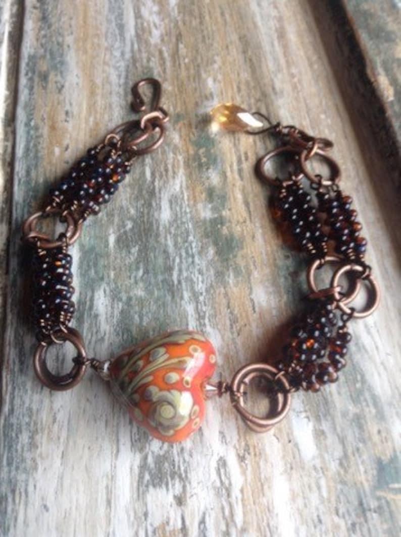 Lampwork heart, farfalle beads and copper bracelet image 1