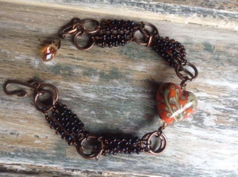 Lampwork heart, farfalle beads and copper bracelet image 3