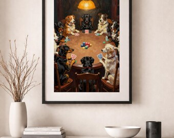 Arte de pared imprimible de naipes de perros, arte vintage de póker de perros, descarga digital de perros divertidos, relación de aspecto 2x3
