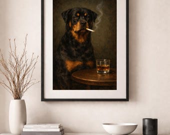 Impresión de arte mural de rottweiler / Retrato de perro melancólico / Arte de rottweiler de estilo vintage / Obra de arte animal de estética oscura / Arte mural imprimible