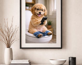 Arte de pared divertido para baño con perro, impresión de perro en el inodoro, arte humorístico con perros, decoración de baño, regalo para amantes de los perros, descarga PNG