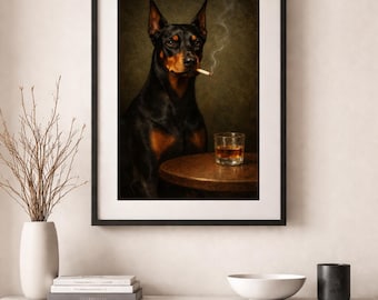 Dog Wall Art Print | Doberman & Rottweiler Portrait | Moody Vintage Dog Art | Dark Aesthetic Animal Artwork | Printable Wall Art