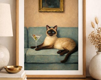 シャム猫のマティーニウォールアートプリント | 面白くてエレガントな猫のアートワーク | ヴィンテージスタイルの動物アート | シックなホームバーデコレーション