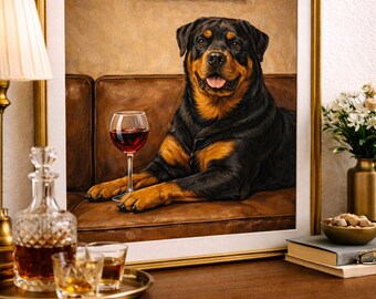 Impresión de arte mural de rottweiler / Pintura de perro con vino / Arte canino de estilo vintage / Ilustración animal elegante / Arte mural imprimible