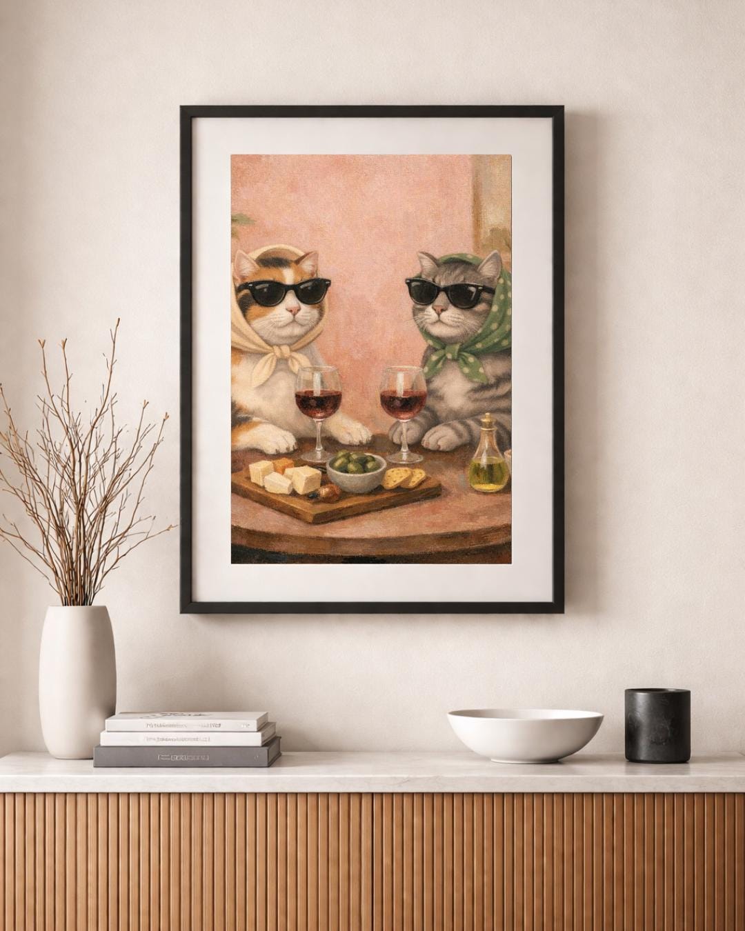 Cat Wall Art Print | Cats Drinking Wine Art | Vintage Style Cat ...