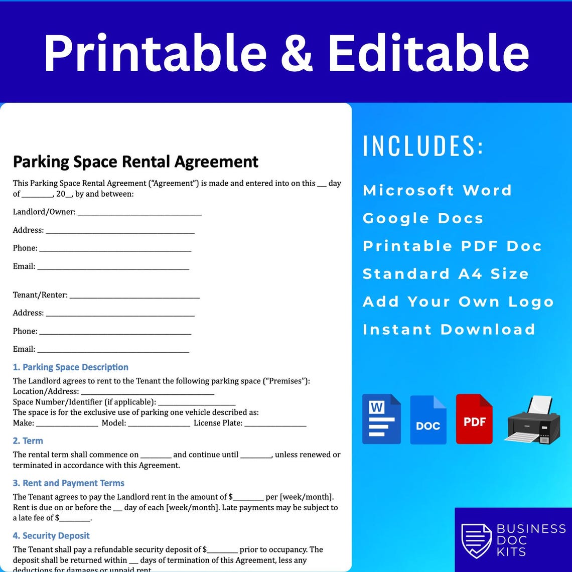Parking Space Rental Agreement Template Editable Parking Lease