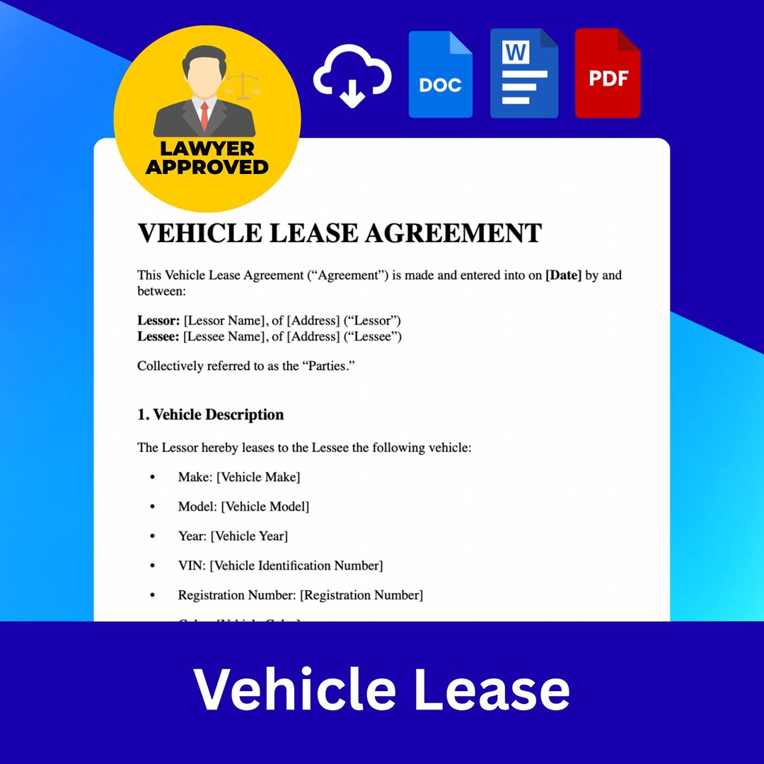 Vehicle Lease Agreement Template | Car Rental Contract | Editable Legal ...