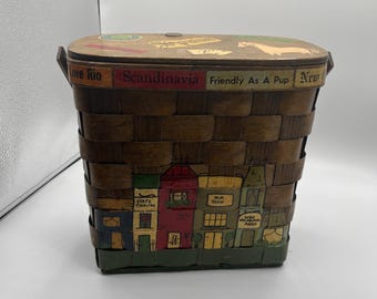 Cesta tejida vintage Caro-Nan pintada a mano, década de 1960, Little Rock, AR