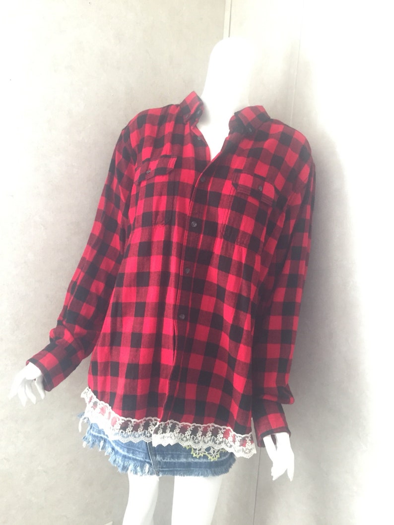 upcycled womens flannel tops upcycled clothing womens blouses flannel blouse Upcycled flannel shirt vintage lace shirt doily shirt