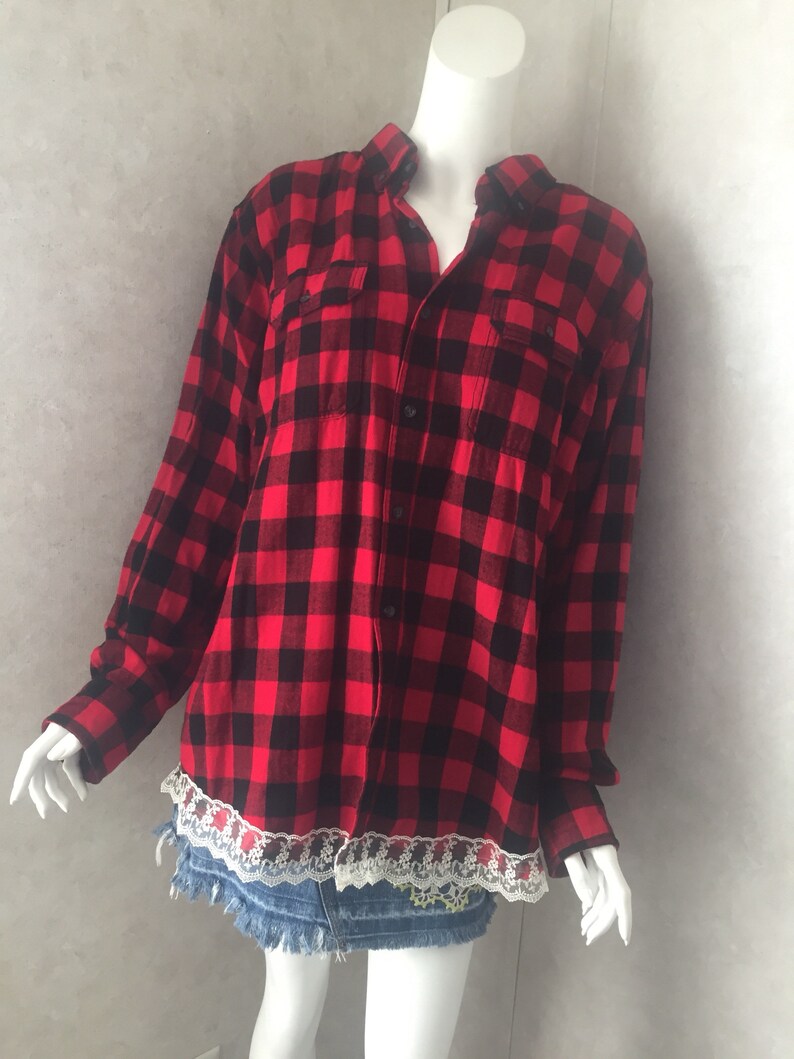 upcycled womens flannel tops upcycled clothing womens blouses flannel blouse Upcycled flannel shirt vintage lace shirt doily shirt