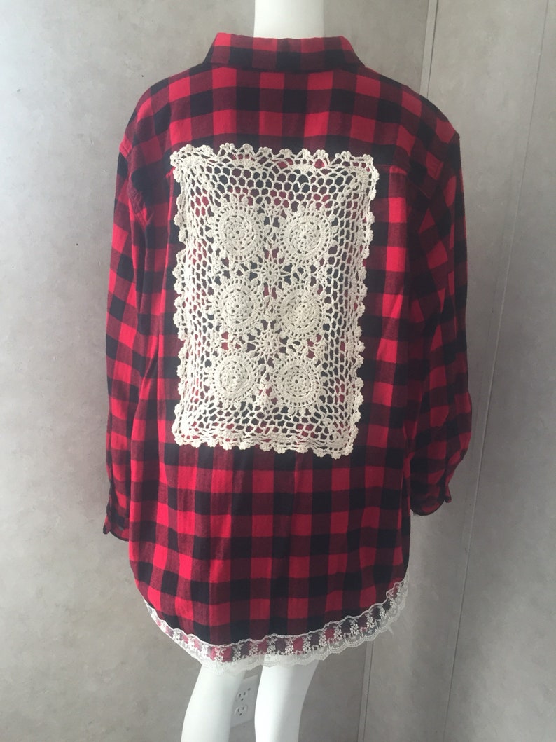 upcycled womens flannel tops upcycled clothing womens blouses flannel blouse Upcycled flannel shirt vintage lace shirt doily shirt