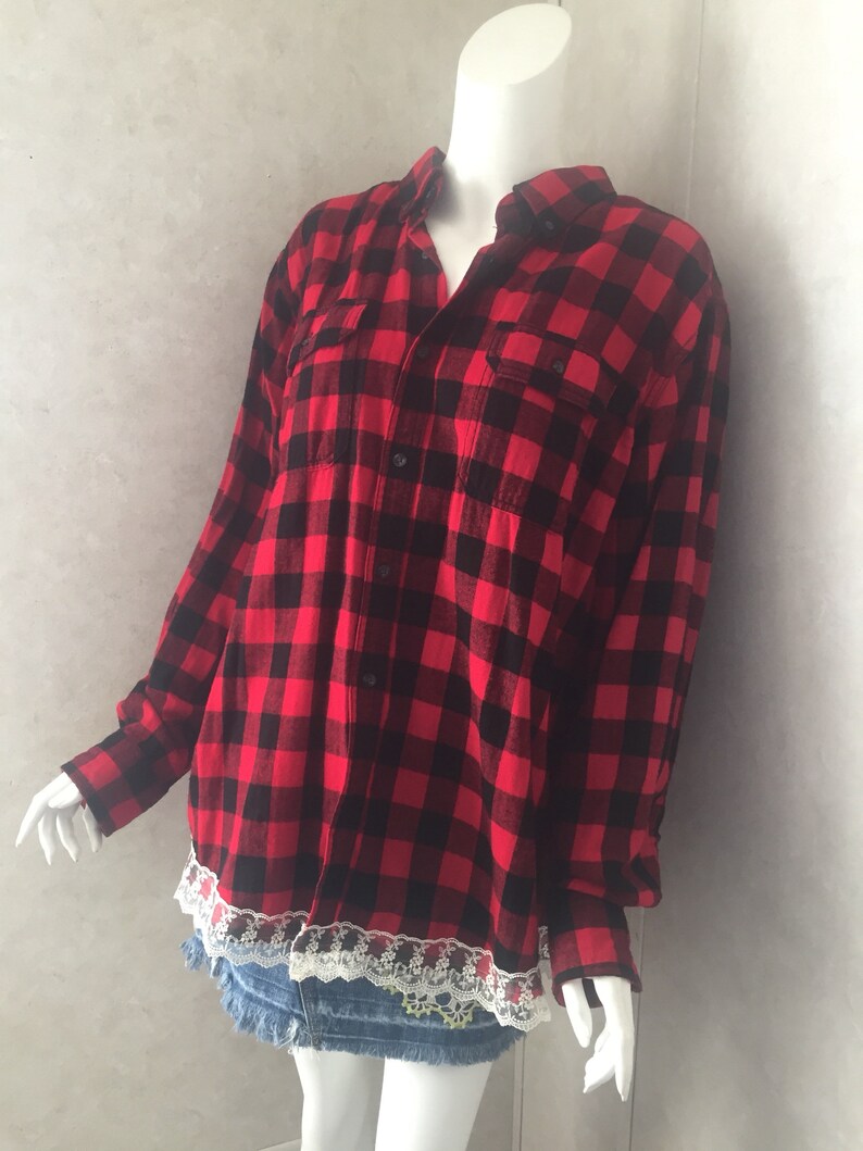 upcycled womens flannel tops upcycled clothing womens blouses flannel blouse Upcycled flannel shirt vintage lace shirt doily shirt