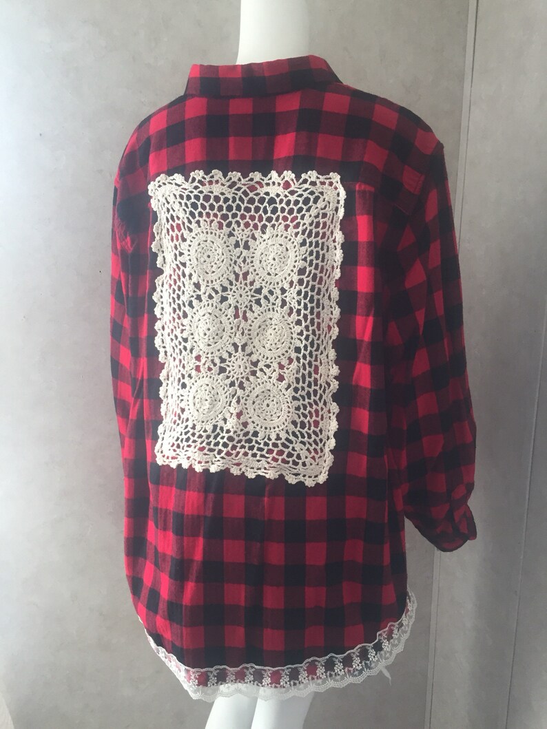 upcycled womens flannel tops upcycled clothing womens blouses flannel blouse Upcycled flannel shirt vintage lace shirt doily shirt
