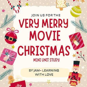 May include: A festive Christmas-themed graphic with the text "VERY MERRY MOVIE CHRISTMAS" in red, surrounded by holiday illustrations like ornaments, a gingerbread man, and a nutcracker. The background is a light beige with small white dots.