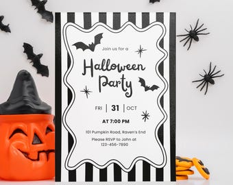ハロウィン招待状テンプレート、Canvaで編集可能、白黒の不気味なパーティー招待状、印刷可能なデジタルダウンロード