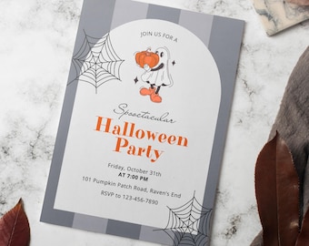 編集可能なハロウィン招待状テンプレート、印刷＆モバイル対応Canva招待状、かわいいゴーストハロウィンパーティー招待状