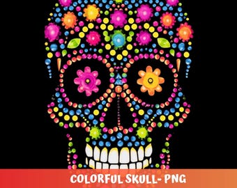 Grappig Dia de Muertos-skelet-png: kleurrijk schedelshirtontwerp (digitale download)