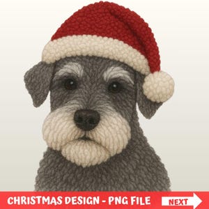 May include: A detailed illustration of a Schnauzer dog wearing a red and white Santa hat. The dog has a gray and white coat, with a long, white beard. The image has the text "CHRISTMAS DESIGN - PNG FILE" in a red banner at the bottom.