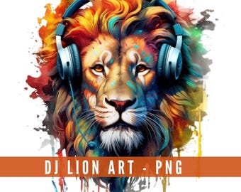 León divertido con auriculares PNG: Clipart de DJ musical, diseño de camiseta y sublimación (descarga digital)