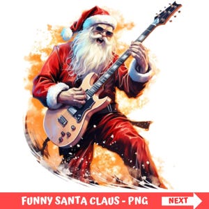 Puede incluir: Ilustración de Papá Noel tocando la guitarra eléctrica. Papá Noel lleva un traje rojo, gorro y gafas de sol. La imagen tiene un fondo naranja y blanco. El texto "FUNNY SANTA CLAUS - PNG" está en la parte inferior.