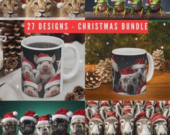 Christmas Animals Mug Wrap Bundle Christmas Mug Wrap Sublimation Designs PNG 11oz & 15oz Coffee Cup Template Funny Animal Mugs Press Design