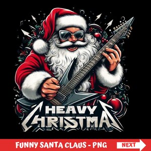 Puede incluir: Gráfico de Papá Noel con gafas de sol y traje rojo, tocando una guitarra eléctrica plateada. El texto "HEAVY CHRISTMAS" se muestra en una fuente estilizada. El fondo es negro con elementos decorativos.