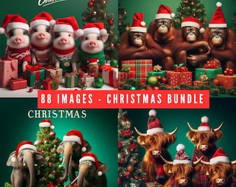 面白い動物のクリスマスバンドルPNG、面白いクリスマスPNG、クリスマスInstagramの背景、面白いクリスマスカード、グリーティングカード、面白い動物
