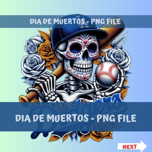 Op de afbeelding: Een digitale illustratie met een Día de Muertos honkbalthema. Een suikerschedel met een honkbalpet en knuppel is omringd door rozen en houdt een honkbal vast. De tekst "DIA DE MUERTOS - PNG FILE" is inbegrepen.