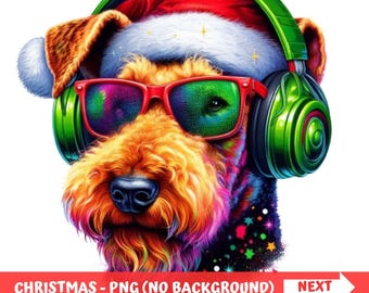 Christmas Airedale Terrier PNG: hond met koptelefoon (digitale download)