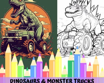 Kleurplaten dinosaurusmonstertruck T-Rex (digitale download)