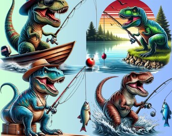 Funny Fishing Trex PNG-bundel: dinosaurusshirtontwerpen (digitale download)
