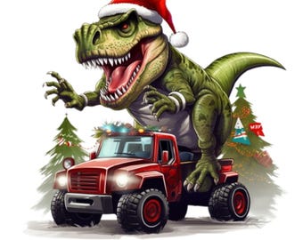 Christmas Trex on Monster Truck PNG, Funny Dinosaur Shirt (Digital Download)