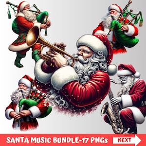 Puede incluir: Ilustración digital de varios Papá Noel tocando instrumentos musicales. Cada Papá Noel viste un traje rojo con ribetes blancos y un gorro a juego. Los instrumentos incluyen gaitas, una trompeta y un saxofón. El texto "SANTA MUSIC BUNDLE-17 PNGS" está en la parte inferior.