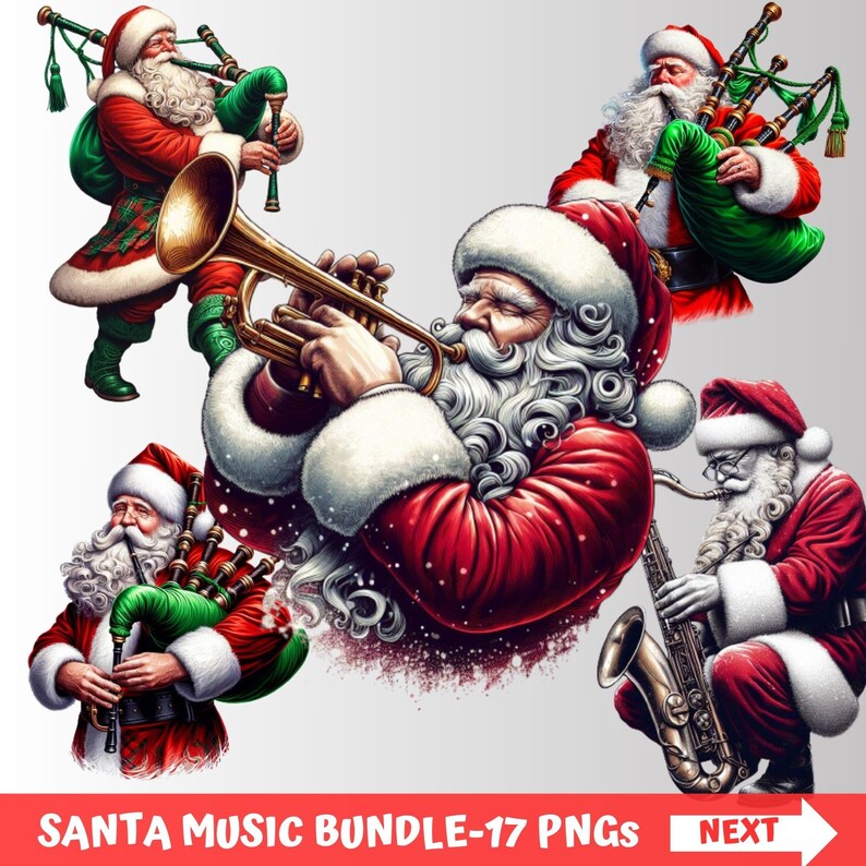 Santa Rocking Instrument Funny Santa Playing Music PNG Bundle: Christmas Clipart (digital ...