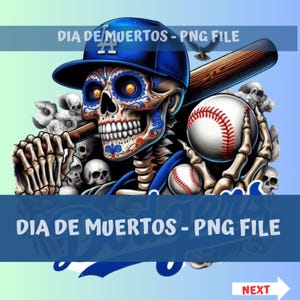 Könnte beinhalten: Digitale Illustration mit einem Baseball-Thema zum Tag der Toten. Ein Schädel mit einer blauen Baseballkappe, der einen Schläger und einen Baseball hält. Das Bild enthält den Text "DIA DE MUERTOS - PNG FILE".