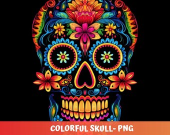 Grappig Dia de Muertos-skelet-png: kleurrijk schedelshirtontwerp (digitale download)