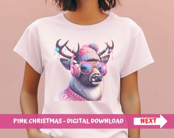 Pink Christmas png Pink Reindeer png Pink Deer png Pink Deer shirt Christmas DJ Gift Pink Christmas DJ sublimation pink headphones cricut