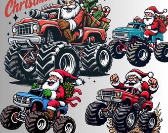 Divertido Papá Noel montando un Monster Truck PNG: Diseño de camiseta navideña (descarga digital)