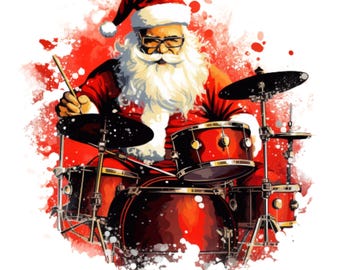 Grappige kerstman drumt, png: rockmuziek kerstshirtontwerp (digitale download)