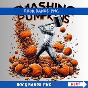 May include: Digital artwork depicting a person smashing pumpkins with a mallet, with the text "SMASHING PUMPKINS" and "ROCK BANDS PNG". The image is mainly orange, set against a grey backdrop, with a blue banner at the top and bottom.