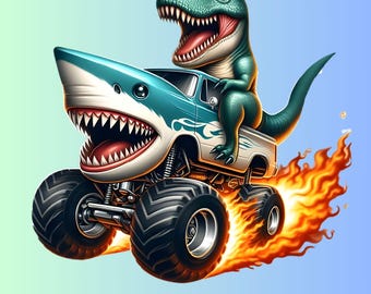 Trex riding a Shark Monster Truck PNG: Dinosaur Shark Monster truck Funny Shirt Design (Digital Download)
